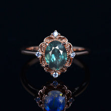 Load image into Gallery viewer, 14K Solid White Gold Dainty Natural Teal Sapphire Ring, 2ct Oval Cut Teal Sapphire Ring, Unique Oval Halo Vintage Ring.