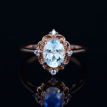 Load image into Gallery viewer, 14K Solid White Gold Dainty Aquamarine Ring, 2ct Oval Cut Aquamarine Ring, Unique Oval Halo Vintage Ring.
