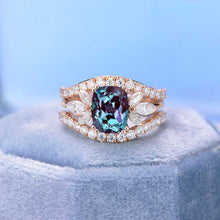 Load image into Gallery viewer, 2Ct Cushion Cut Alexandrite Vintage Engagement Ring, Cushion Alexandrite Engagement Ring, Marquise Side Accents Stones 14K Rose Gold Ring Set