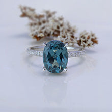 Load image into Gallery viewer, 6Ct Oval Teal Sapphire Engagement Ring, Oval Cut Shape Dainty Engagement Ring, Teal Sapphire Hidden Halo Pave accents ring