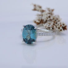 Load image into Gallery viewer, 6Ct Oval Teal Sapphire Engagement Ring, Oval Cut Shape Dainty Engagement Ring, Teal Sapphire Hidden Halo Pave accents ring