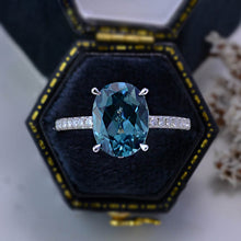 Load image into Gallery viewer, 6Ct Oval Teal Sapphire Engagement Ring, Oval Cut Shape Dainty Engagement Ring, Teal Sapphire Hidden Halo Pave accents ring