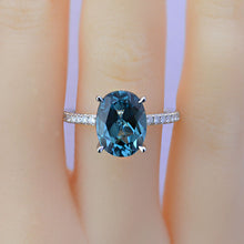 Load image into Gallery viewer, 6Ct Oval Teal Sapphire Engagement Ring, Oval Cut Shape Dainty Engagement Ring, Teal Sapphire Hidden Halo Pave accents ring