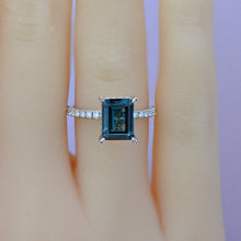 Load image into Gallery viewer, 3 Carat Emerald Cut Teal Sapphire Hidden Halo Engagement Ring