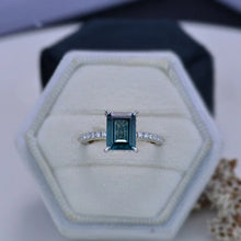 Load image into Gallery viewer, 3 Carat Emerald Cut Teal Sapphire Hidden Halo Engagement Ring