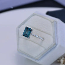 Load image into Gallery viewer, 3 Carat Emerald Cut Teal Sapphire Hidden Halo Engagement Ring