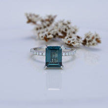 Load image into Gallery viewer, 3 Carat Emerald Cut Teal Sapphire Hidden Halo Engagement Ring