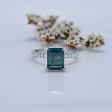 Load image into Gallery viewer, 3 Carat Emerald Cut Teal Sapphire Hidden Halo Engagement Ring