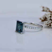 Load image into Gallery viewer, 3 Carat Emerald Cut Teal Sapphire Hidden Halo Engagement Ring