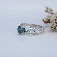 Load image into Gallery viewer, Green Teal Sapphire White Gold Floral Engagement Ring