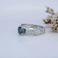 Load image into Gallery viewer, Green Teal Sapphire White Gold Floral Engagement Ring