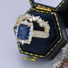 Load image into Gallery viewer, 4Ct Alexandrite Engagement Ring Halo Emerald Cut Alexandrite Engagement Ring, 10x8mm Step Cut Alexandrite Engagement Ring with Eternity Band