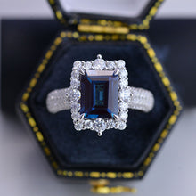 Load image into Gallery viewer, 4Ct Alexandrite Engagement Ring Halo Emerald Cut Alexandrite Engagement Ring, 10x8mm Step Cut Alexandrite Engagement Ring with Eternity Band