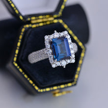Load image into Gallery viewer, 4Ct Alexandrite Engagement Ring Halo Emerald Cut Alexandrite Engagement Ring, 10x8mm Step Cut Alexandrite Engagement Ring with Eternity Band