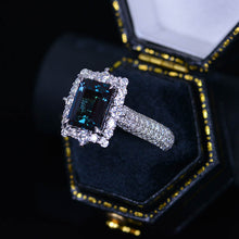 Load image into Gallery viewer, 4Ct Alexandrite Engagement Ring Halo Emerald Cut Alexandrite Engagement Ring, 10x8mm Step Cut Alexandrite Engagement Ring with Eternity Band