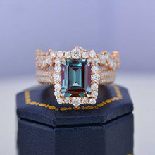 Load image into Gallery viewer, 3Ct Alexandrite Engagement Ring. Halo Emerald Cut Alexandrite Engagement Ring, 9x7mm Step Cut Alexandrite Engagement Ring with Eternity Band