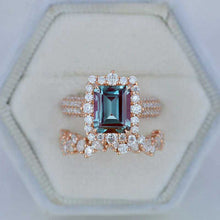 Load image into Gallery viewer, 3Ct Alexandrite Engagement Ring. Halo Emerald Cut Alexandrite 14K Rose Gold Engagement Ring
