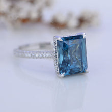 Load image into Gallery viewer, 5 Carat Giliarto Emerald Cut Teal Sapphire Hidden Halo Engagement White Gold Ring