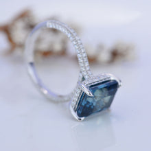 Load image into Gallery viewer, 5 Carat Giliarto Emerald Cut Teal Sapphire Hidden Halo Engagement White Gold Ring