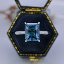 Load image into Gallery viewer, 5 Carat Giliarto Emerald Cut Teal Sapphire Hidden Halo Engagement White Gold Ring