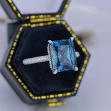 Load image into Gallery viewer, 5 Carat Giliarto Emerald Cut Teal Sapphire Hidden Halo Engagement White Gold Ring