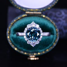 Load image into Gallery viewer, 3 Carat Round Teal Sapphire Halo Gold Engagement Ring