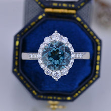 Load image into Gallery viewer, 3 Carat Round Teal Sapphire Halo Gold Engagement Ring