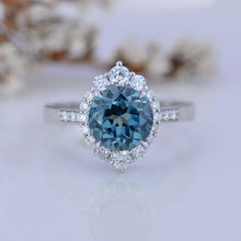 Load image into Gallery viewer, 3 Carat Round Teal Sapphire Halo Gold Engagement Ring