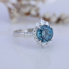 Load image into Gallery viewer, 3 Carat Round Teal Sapphire Halo Gold Engagement Ring