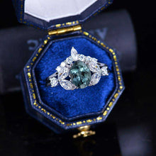 Load image into Gallery viewer, 14K Solid White Gold Dainty Teal Sapphire Ring, Oval Cut Teal Sapphire Ring Set, White Gold Ring Unique Vintage Ring