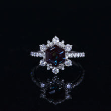 Load image into Gallery viewer, 3 Carat Hexagon Alexandrite Snowflake Halo Engagement Ring. Victorian 14K White Gold Ring