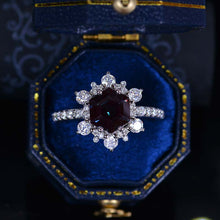 Load image into Gallery viewer, 3 Carat Hexagon Alexandrite Snowflake Halo Engagement Ring. Victorian 14K White Gold Ring