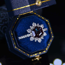 Load image into Gallery viewer, 3 Carat Hexagon Alexandrite Snowflake Halo Engagement Ring. Victorian 14K White Gold Ring