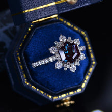 Load image into Gallery viewer, 3 Carat Hexagon Alexandrite Snowflake Halo Engagement Ring. Victorian 14K White Gold Ring
