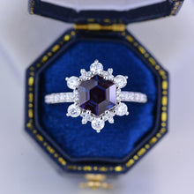 Load image into Gallery viewer, 3 Carat Hexagon Alexandrite Snowflake Halo Engagement Ring. Victorian 14K White Gold Ring