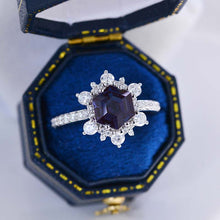 Load image into Gallery viewer, 3 Carat Hexagon Alexandrite Snowflake Halo Engagement Ring. Victorian 14K White Gold Ring