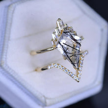Load image into Gallery viewer, 4 Carat Black Rutile Quartz Kite Shape Step Cut, Tourmalated Quartz Halo Gold Engagement Ring, Eternity Ring Set