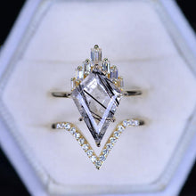 Load image into Gallery viewer, 4 Carat Black Rutile Quartz Kite Shape Step Cut, Tourmalated Quartz Halo Gold Engagement Ring, Eternity Ring Set