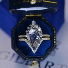 Load image into Gallery viewer, 4 Carat Black Rutile Quartz Kite Shape Step Cut, Tourmalated Quartz Halo Gold Engagement Ring, Eternity Ring Set