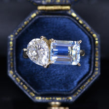 Load image into Gallery viewer, 3 Carat Giliarto Emerald Cut Aquamarine with Pear Cut Paired Moissanite Two-Stone Engagement Ring