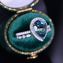 Load image into Gallery viewer, 3 Carat Halo Pear Cut Teal Sapphire 14K Solid White Gold Ring Set