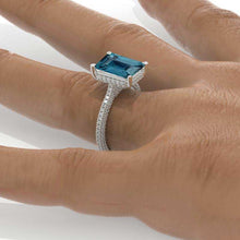Load image into Gallery viewer, 5 Carat Giliarto Emerald Cut Teal Sapphire Hidden Halo Engagement White Gold Ring