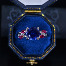 Load image into Gallery viewer, 2Ct Round Sapphire Ruby Vintage Engagement Ring, Royal Blue Sapphire Engagement Ring, Marquise Side Accents Stones 14K White Gold Ring