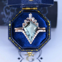 Load image into Gallery viewer, 14K Gold 4 Carat Kite Genuine Aquamarine Halo Engagement Ring, Eternity Ring Set. Fairy Tale Nontraditional Ring