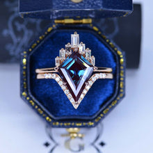 Load image into Gallery viewer, 14K Gold 4 Carat Kite Genuine alexandrite Halo Engagement Ring, Eternity Ring Set. Fairy Tale Nontraditional Ring