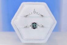 Load image into Gallery viewer, Rhodium Plated Silver Dainty Alexandrite Ring Set, 1.5ct Oval Cut Alexandrite Ring Set, Silver Ring Unique Curved Marquise Cut Ring Set