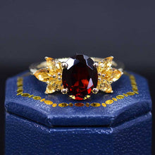 Load image into Gallery viewer, 14K Yellow Gold 2 Carat Oval Genuine Garnet Halo Citrine Vintage Cluster Engagement Ring