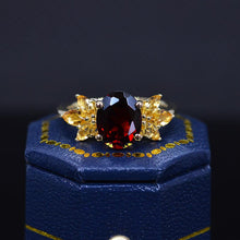 Load image into Gallery viewer, 14K Yellow Gold 2 Carat Oval Genuine Garnet Halo Citrine Vintage Cluster Engagement Ring