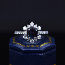 Load image into Gallery viewer, 3 Carat Hexagonal Alexandrite Snowflake Halo Engagement Ring. Victorian 14K Rose Gold Ring