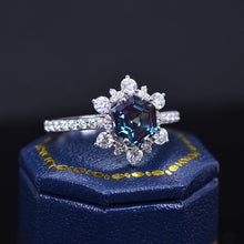 Load image into Gallery viewer, 3 Carat Hexagonal Alexandrite Snowflake Halo Engagement Ring. Victorian 14K Rose Gold Ring